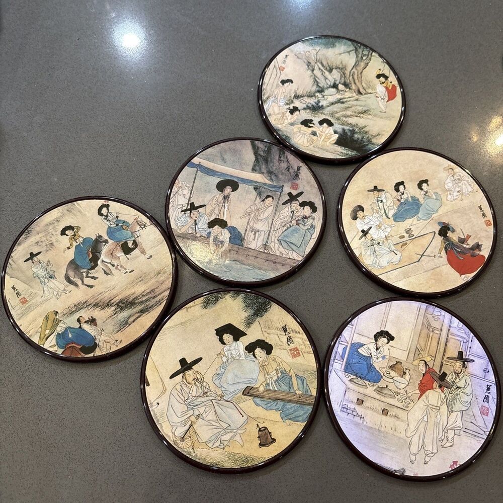 Six Korean Coaster Set With Sin Yun Bok Art Detailed Korean Scenes Laminate Cork